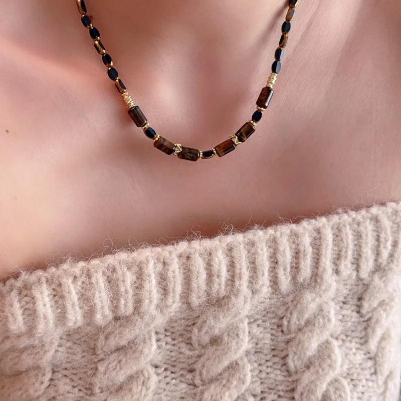 Minar New Vintage Natural Stone Tiger Eyes Cubes Beads Beaded Necklace for Women 14K Real Gold Plated Copper Strand Chokers