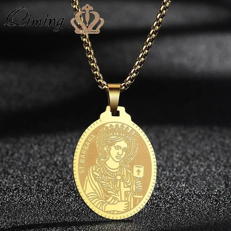 QIMING Saint Barbara Medallion Necklace For Women Religion Jewelry Amulet Ancient Christian Men Pendant Necklace