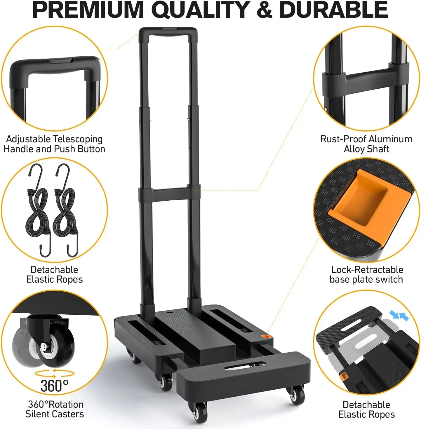 Folding Hand Truck Dolly Utility Cart with 6 Wheels & 2 Elastic Ropes for Luggage Travel Moving Shopping Airport Office Use