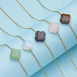 1pc natrual crystal stone gemstone agate Four Leaf Clover Adjustable stainless steel pendant  necklace for  women and men