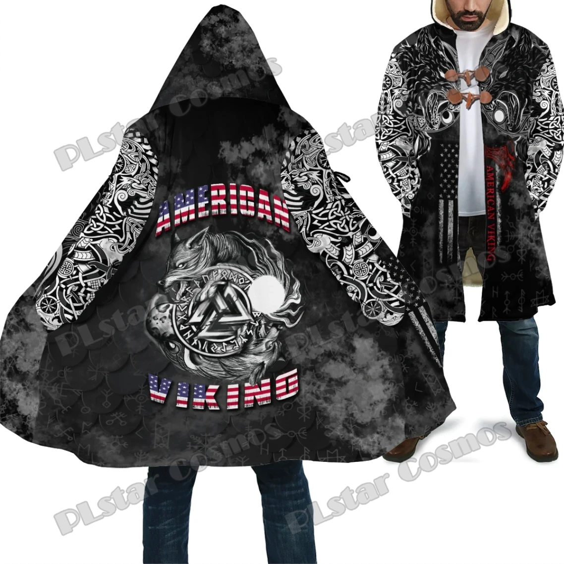 PLstar Cosmos Raven And Drakkar Tattoo 3D Printed Men's Fleece Hooded Cloak Winter Unisex Casual Thick Warm Cloak Coats PF136