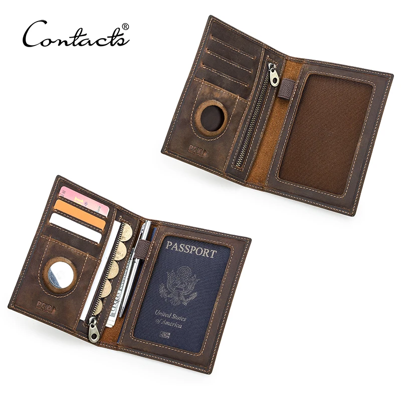 CONTACT\'S Genuine Leather Passport Wallets for Men Card Holders Coin Purses Pen Slot AirTag Slot Men Travel Slim Passport Cover