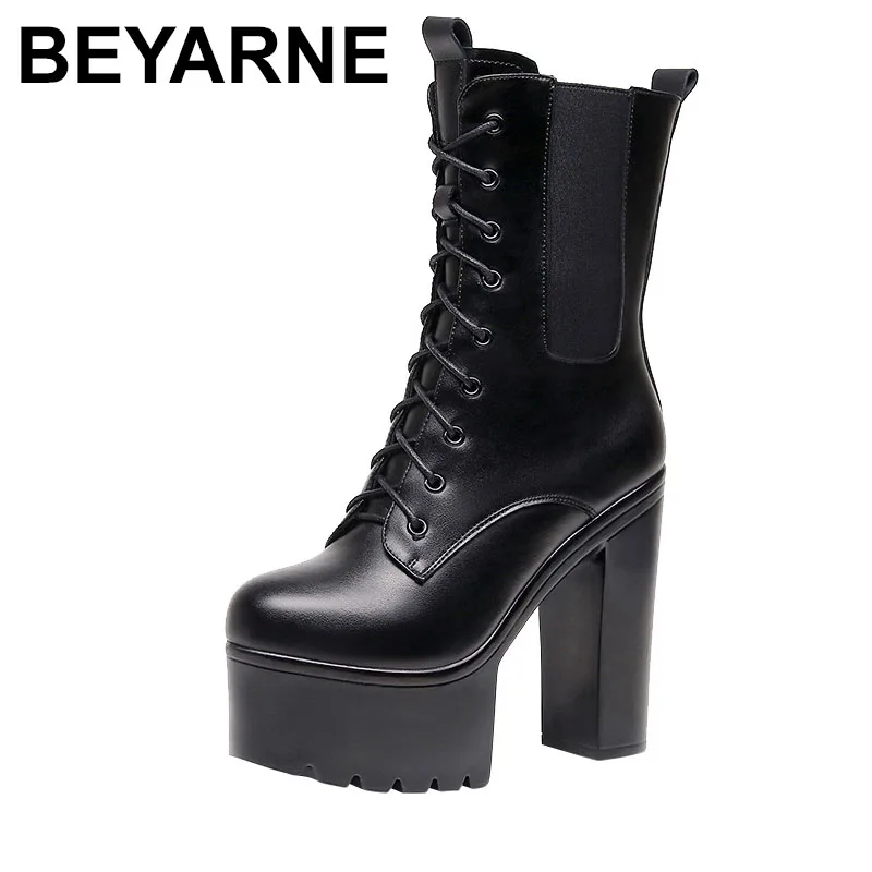 

High Chunky Heels 14cm Platform Waterproof Shoes Side Zipper Mid-calf Boots Black Sexy Nightclub Women Pumps Large Size 32-43