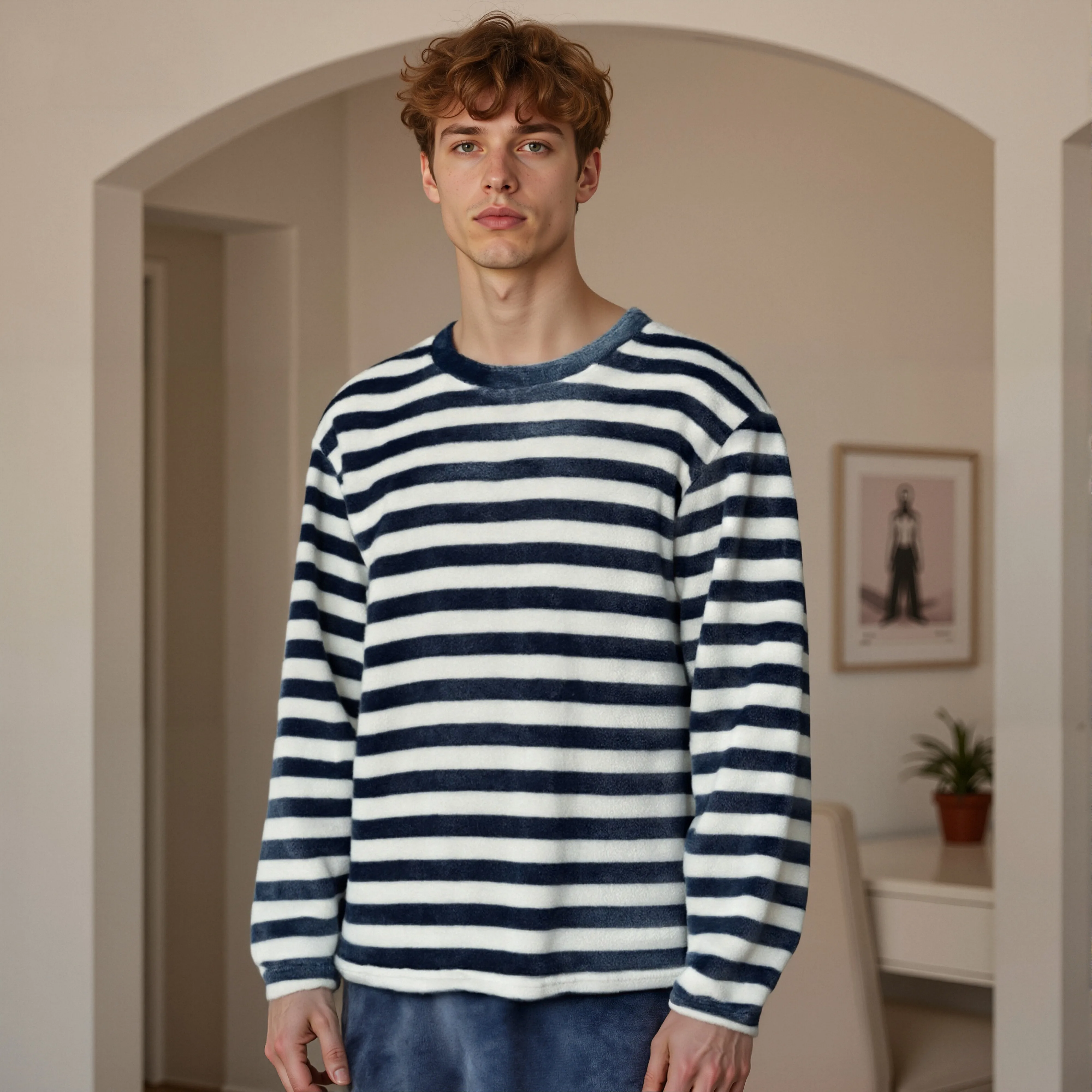 

Men's Thermal Pajama Sets Winter Cartoon Classic Striped Home Wear Fleece Thick Sleepwear Cozy Warm Lounge Pajama Set Men