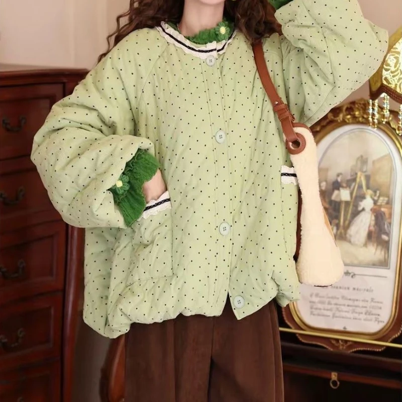 سترة قطنية برقبة دائرية منقطة للنساء لشتاء 2025 معطف قطني سميك جديد #2