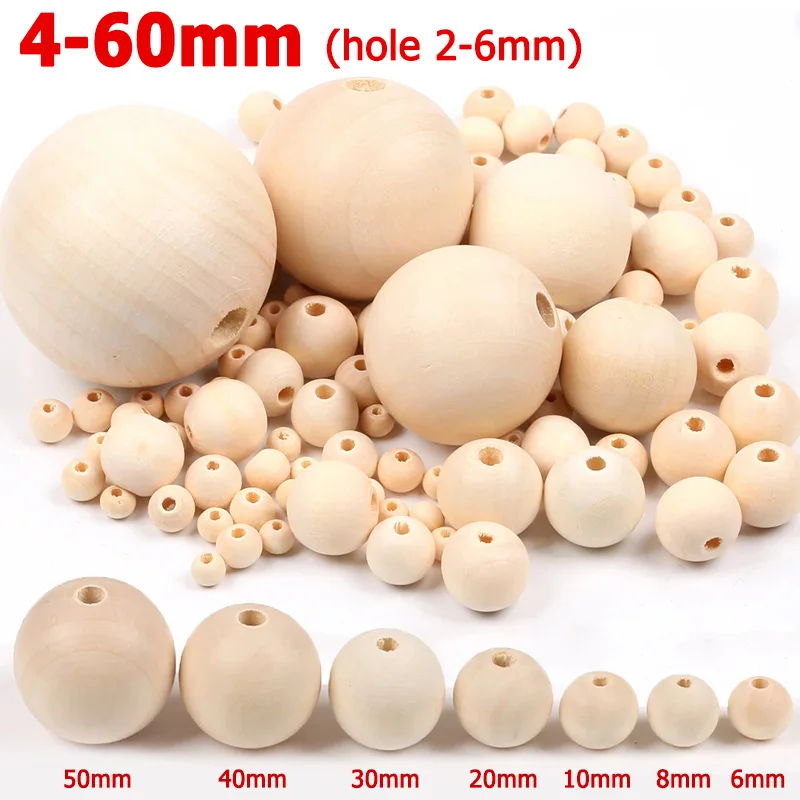 1-200pcs Hole Wooden Balls 4/6/8/10/14/20/25/30/35/40/50/60mm Natural Solid Wood Beads Round DIY For Jewelry Making Handmade