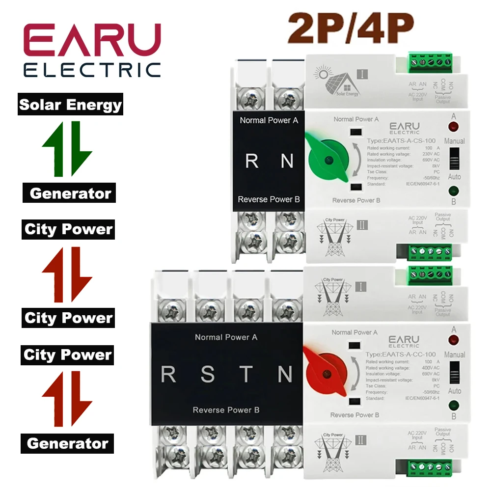 2P 4P ATS Dual Power Selettore di trasferimento automatico Interruttori Gruppo di continuità Millisecond Generatore di corrente 100A AC 220V 110V