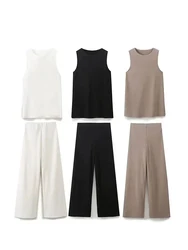 TRAF 2024 Women Summer 2 Piece Vest Pant Sets Female Soild Casual O Neck Vest Top+ Elastic Waist Loose Trousers Spring Outfits