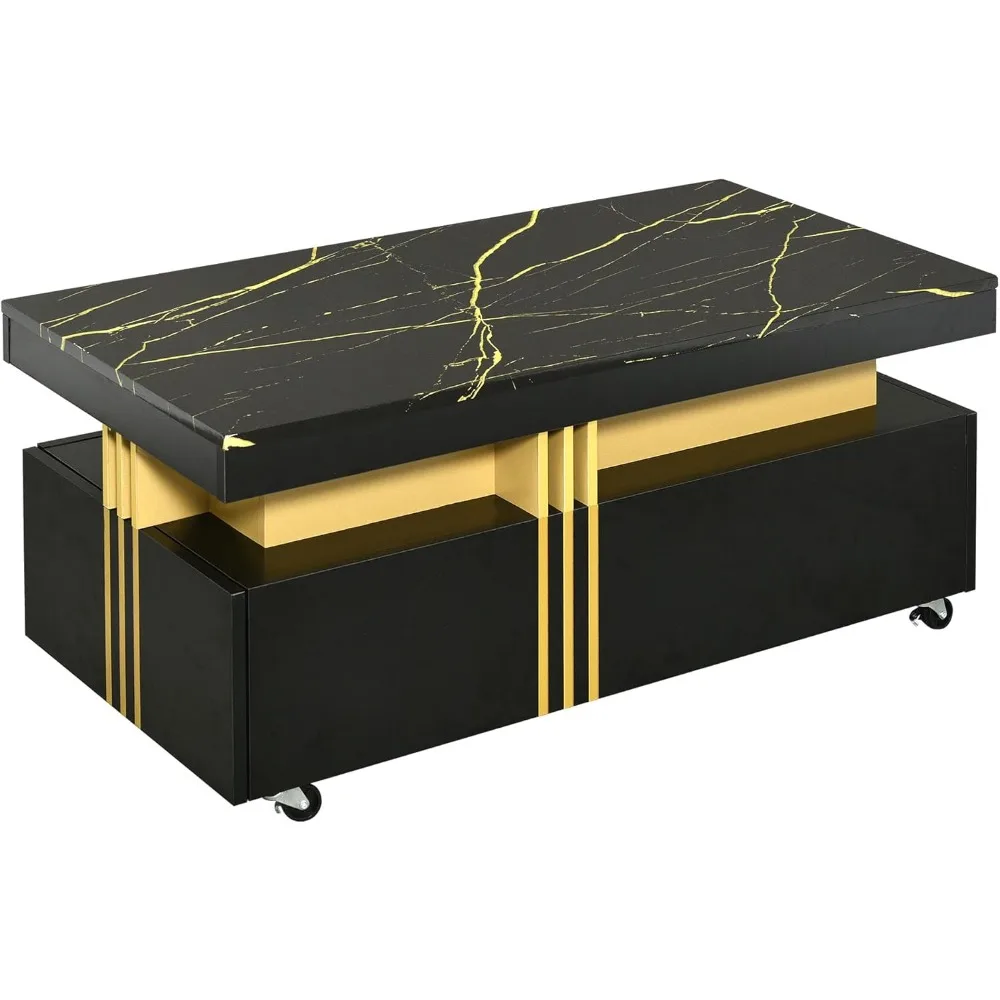 Coffee Table with Faux Marble Top, Modern Center Table with 2 Drawers & Caster Wheels, Contemporary Luxury Cocktail Table with