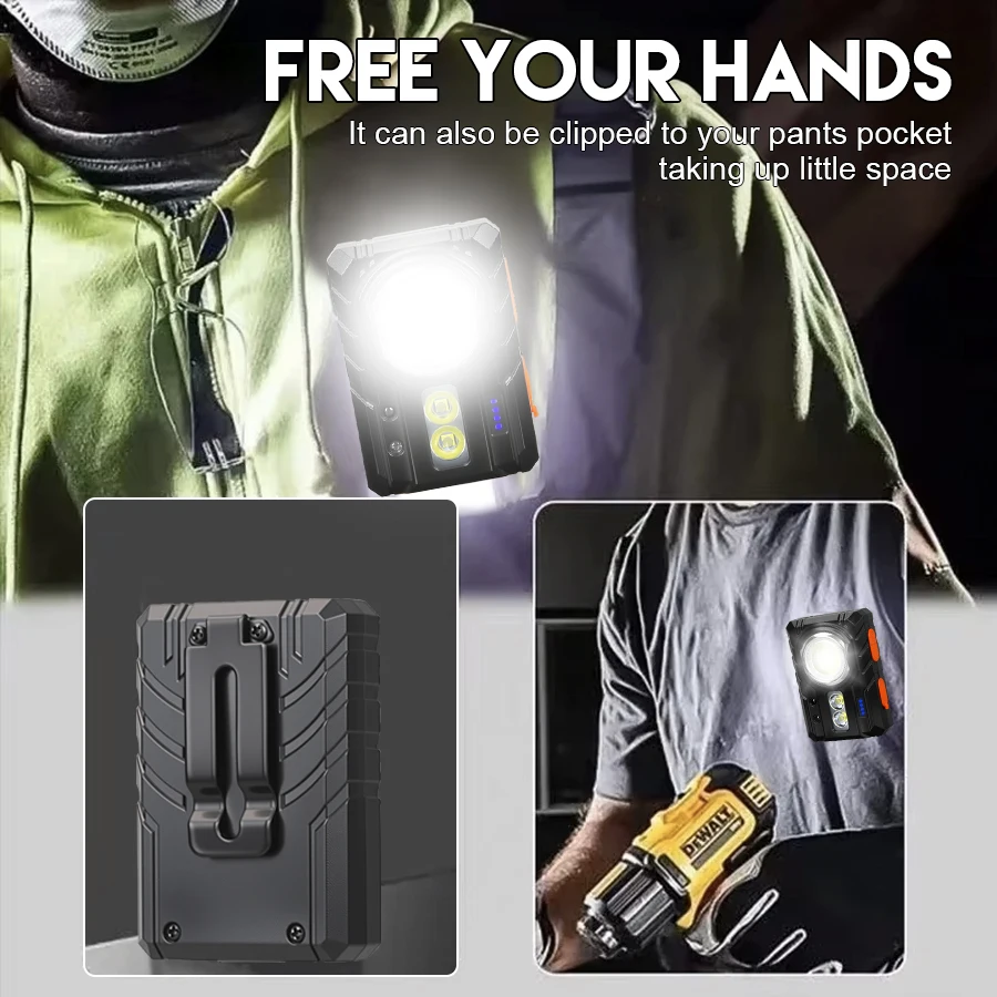 1000 MAH Powerful Portable Intelligent Work Light Red Warning Lamp Rechargeable Magnet Flashlight with Hat Clip Outdoor Running