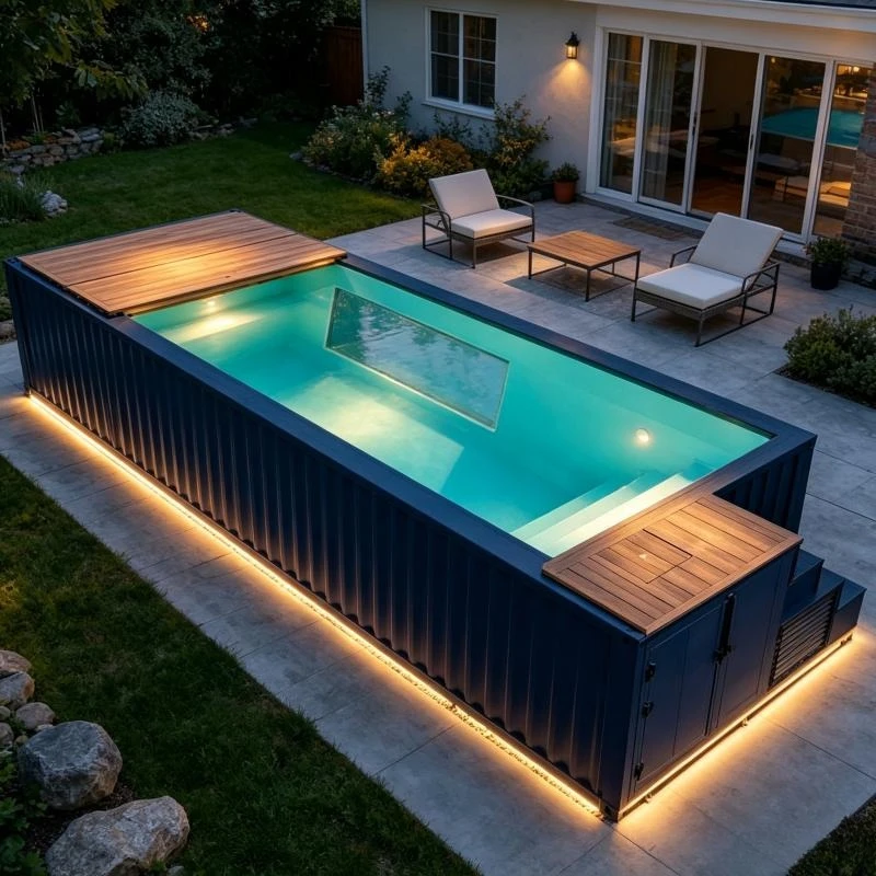 Spacious 30ft 40ft Family Container Pool With Clear Viewing Window Internal Pump Filter Heater Equipment Room Home