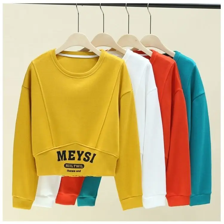 Autumn Solid Color Printing Letter Sweatshirts Women New Long Sleeve O-collar T-shirt Patchwork Screw Thread Short All-match Top