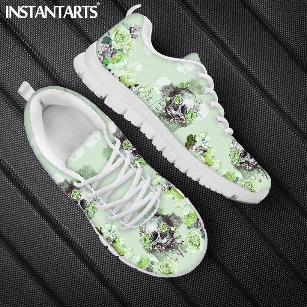 INSTANTARTS Spring Leisure Sneakers for Ladies Sugar Skull Pattern Gothic Flats Lace Up Shoes Comfort Air Mesh Footwear Zapatos
