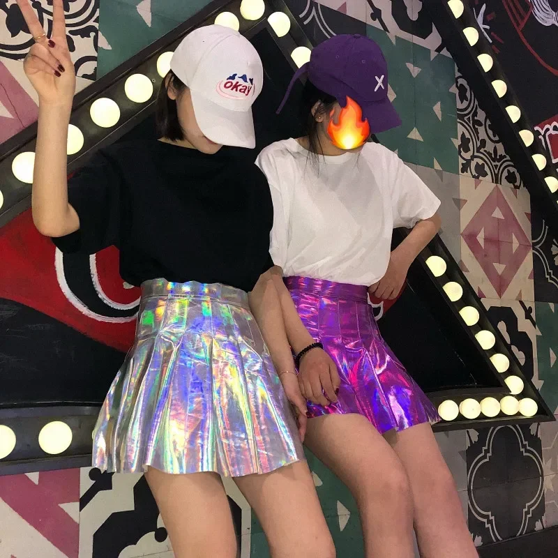 Y2k Clothes Women Harajuku Laser Skirt Chic A Line Swing Cheerleader High Waist Glossy Pleated Skirt Club Short Mini Skirts