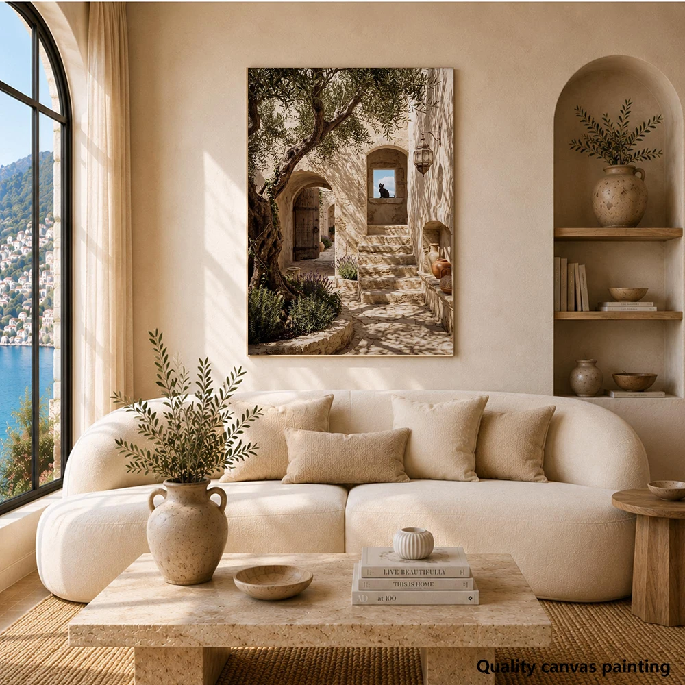 Black Cat Courtyard Print – Mediterranean Olive Tree Art, Rustic Stone Archway, Sunlit Tuscan Decor, Coastal Landscape, Cat Love