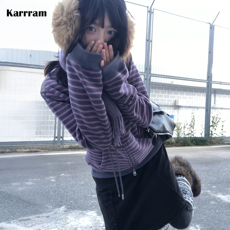 

Karrram Japanese Y2k Purple Striped Cardigan 2000s Style Turtleneck Knitted Jacket Vintage Harajuku Zipper Knitwear Korean 90s
