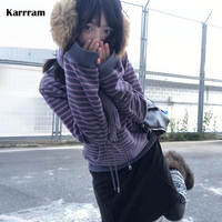 Karrram Japanese Y2k Purple Striped Cardigan 2000s Style Turtleneck Knitted Jacket Vintage Harajuku Zipper Knitwear Korean 90s