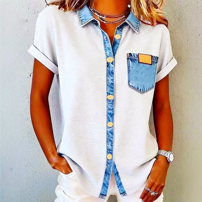 Frühling Sommer Neue Retro Kurzarm-Bluse mit Kontrastierenden Einsätzen Knopfleiste Lässige Taschen-Knopfleiste Kurzärmelige Damen-Oberteil