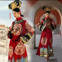 Chinese Palace Style Hanfu Dress Ancient Qing Dynasty Emperor's Wife Costume Vintage Floral Printing Carnival Stage Clothing