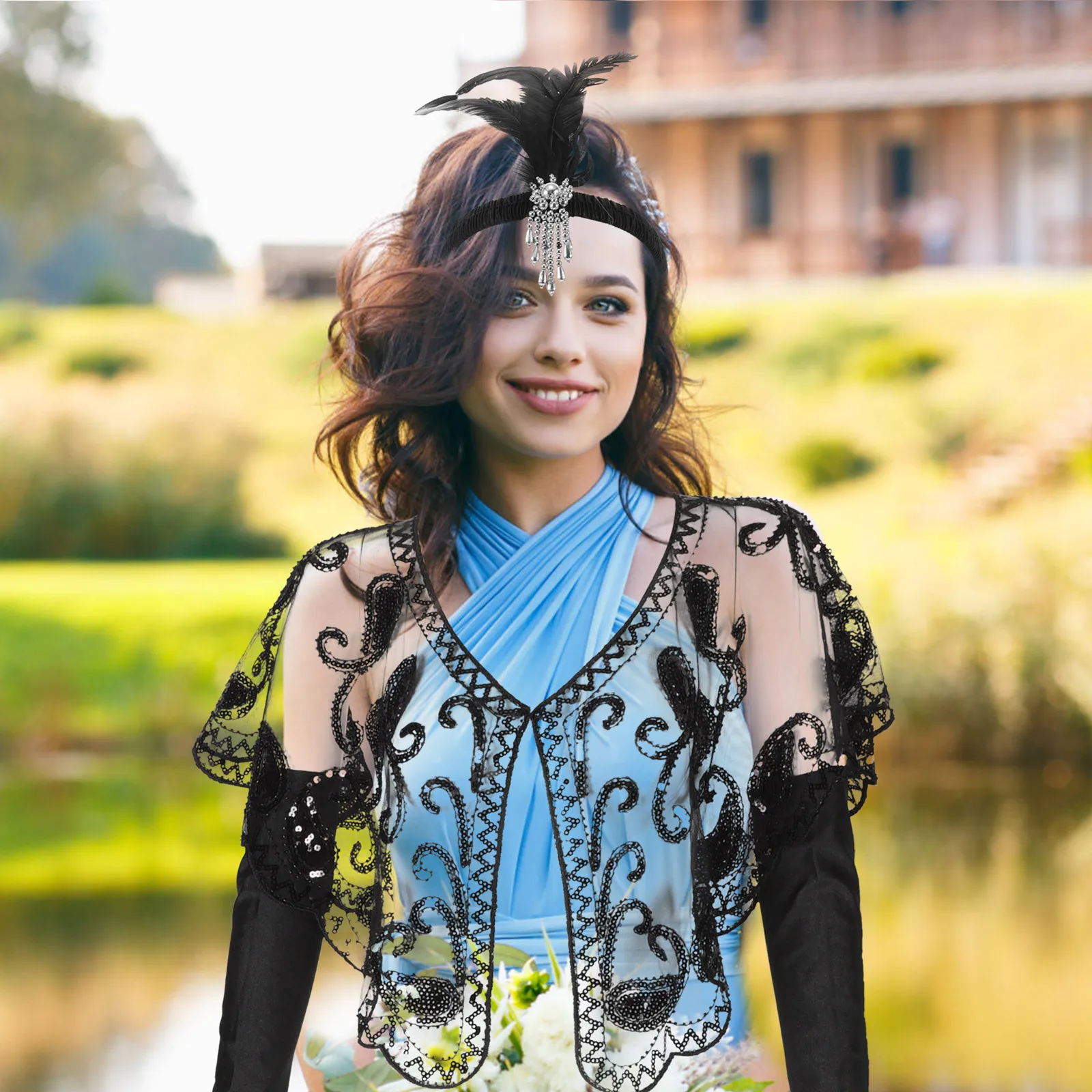 

Vintage Flapper Accessories Set Elegant Sequin Shawl Headband Gloves for 1920s Roaring Party Dance Themed Events