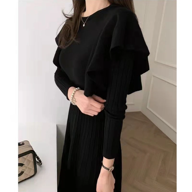 Autumn Winter Ruffles Lace Up Elegant Chic Pleated Knitted Dresses for Women Solid O Neck Long Sleeve Midi Dress Slim Vestidos