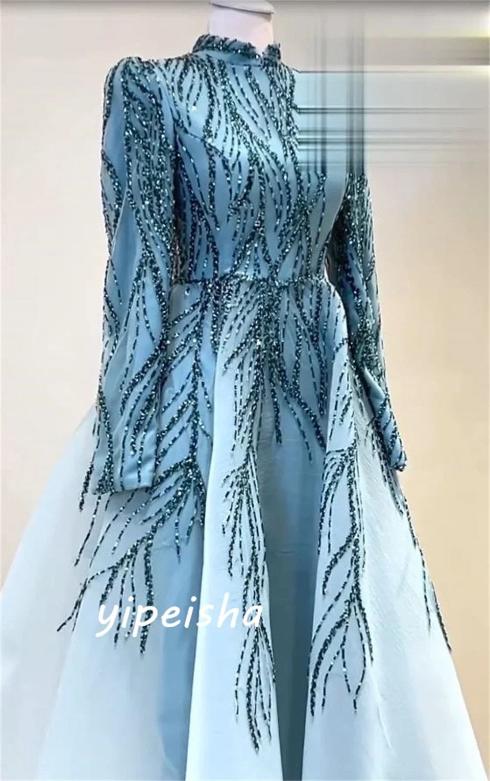 Customized Sparkle Intricate High Collar Ball Gown Celebrity Beading Paillette / Sequins Floor Length Organza Evening Exquisite