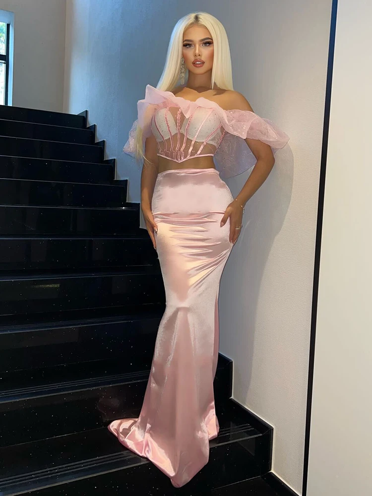 

Women Elegnat Off The Shoulder Pink Two Pieces Set Ruched Voile Corset Satin Mermaid Long Skirt Formal Party Outfits