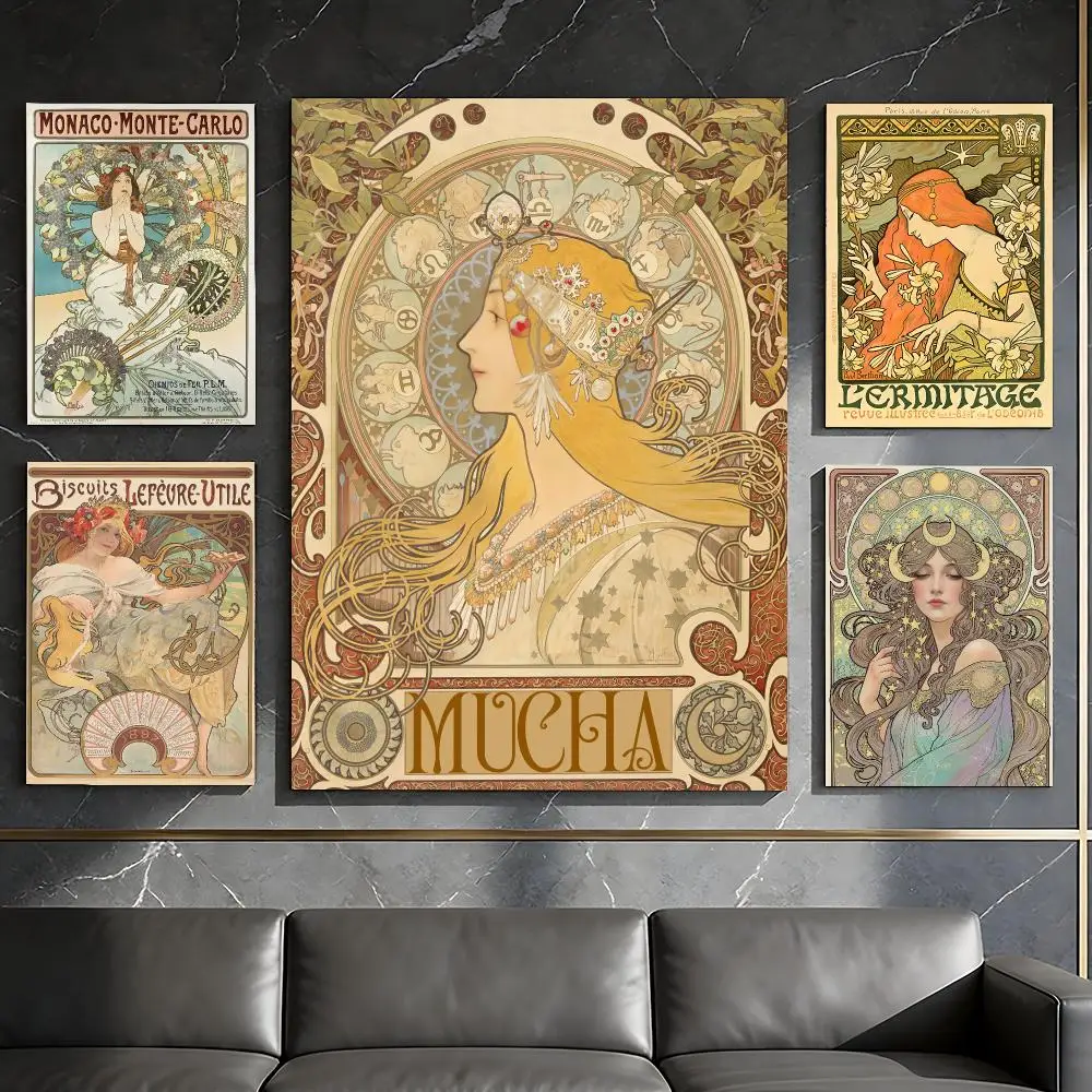 A-Alphonse Mucha Illustration Poster Waterproof Peel & Stick Wall Sticker Self Adhesive Art Decor For Living Room Bedroom