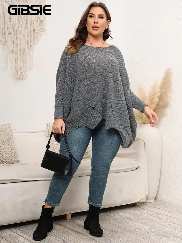 GIBSIE Plus Size Oversized Sweaters for Women 2023 Fall Winter Casual Round Neck Batwing Long Sleeve Pullover Sweater Jumper