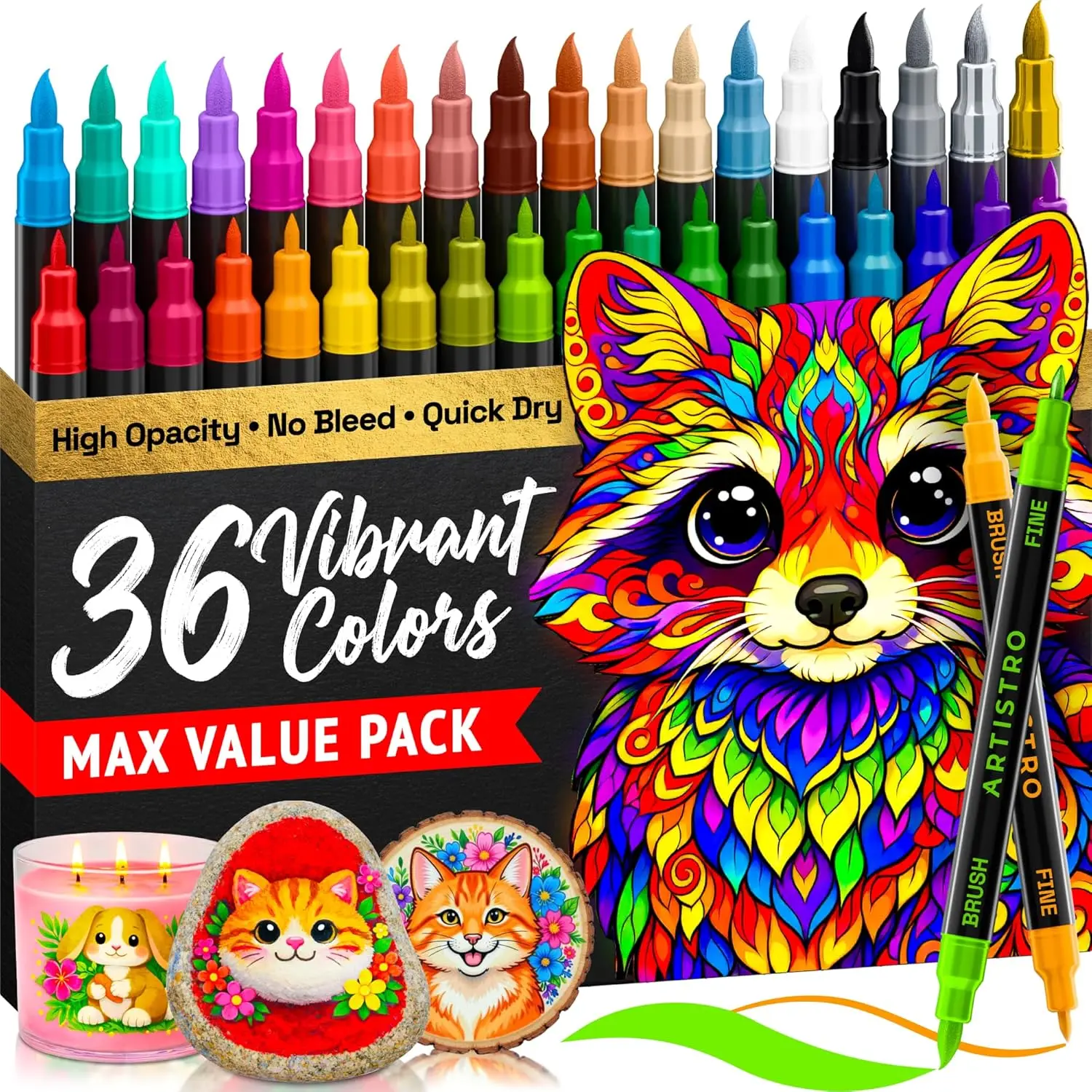 

36 Acrylic Paint Markers with Brush and Fine Tips for Multi-Surface Art, Crafts, and DIY Projects - Ideal for All Ages
