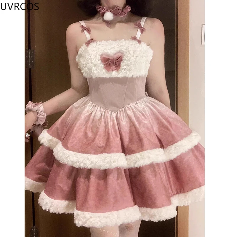 Pink Elegant Retro Two Piece Set Women Sweet Plush Coat Kawaii Bow Mini Dress Suit Female Korean Fashion Lolita Party Skirt Sets