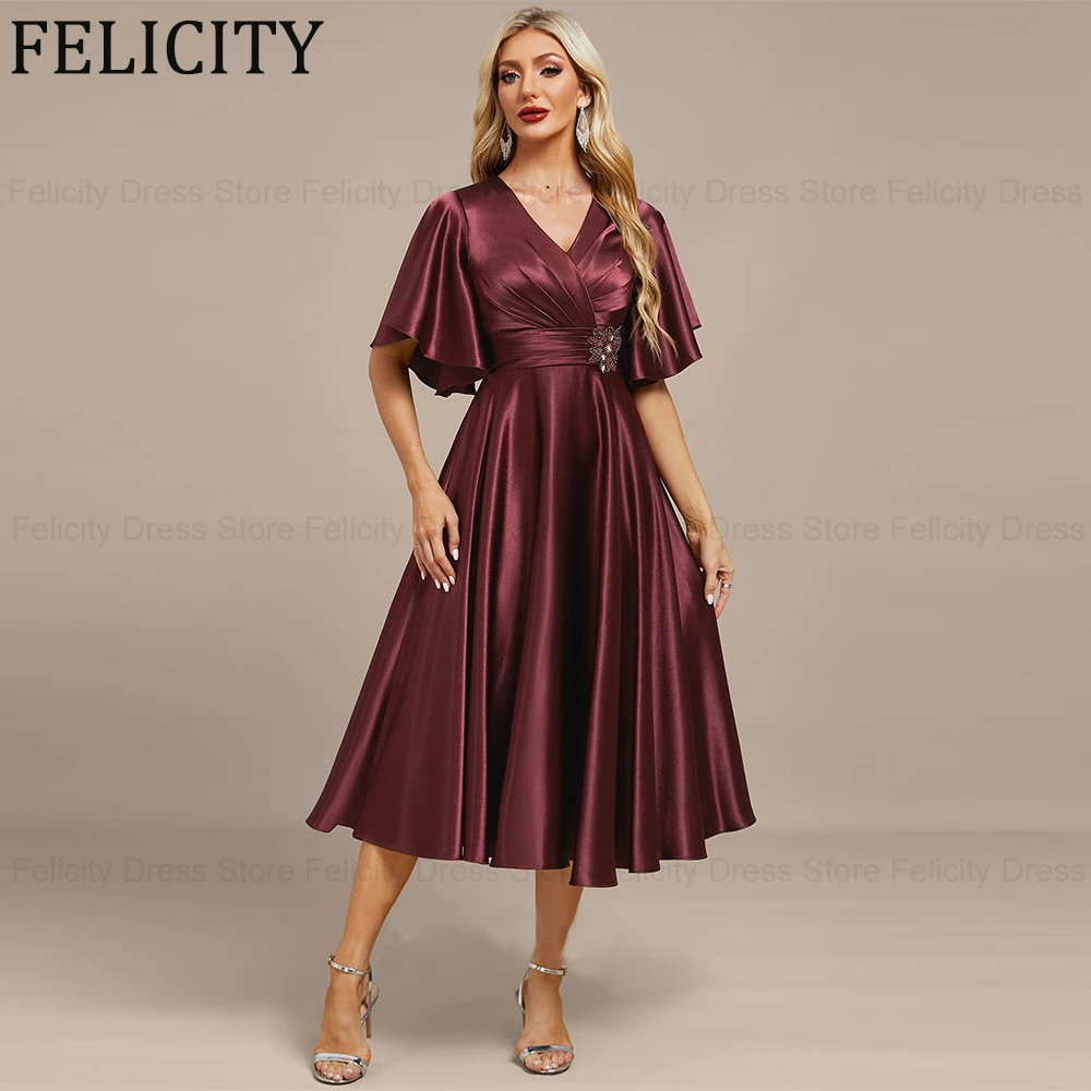 

FELICITY Satin Customized Elegant Mother of the Bride Dresses 2025 A-line Scoop Wedding Guest Party Gown Pleated Applique Sequin