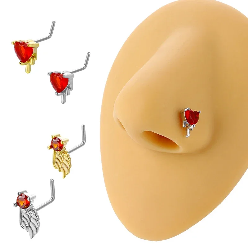 L Bend Stainless Steel Nose Piercing Jewelry Red Heart Nose Rings for Women Cubic Zirconia CZ Wig Nose Stud Rings Body Jewelry