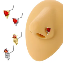 L Bend Stainless Steel Nose Piercing Jewelry Red Heart Nose Rings for Women Cubic Zirconia CZ Wig Nose Stud Rings Body Jewelry