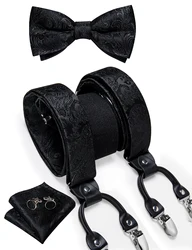 Tirantes ajustables negros para hombre, pajarita preatada, gemelos cuadrados de bolsillo de seda, 6 Clips de moda, correas de Cachemira Jacquard
