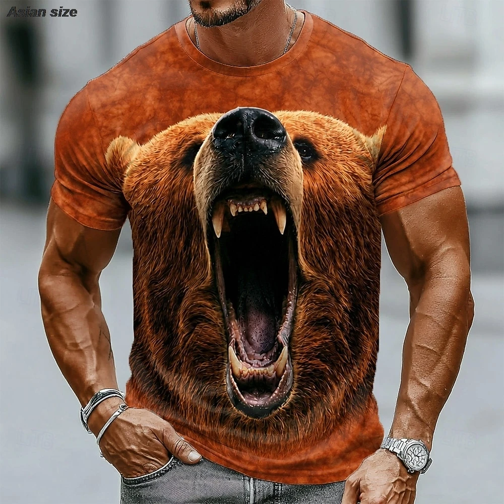 Roaring Grizzly Bear 3D Print Men T‑Shirt Casual Crew Neck Short Sleeve Fashion Tees Tops