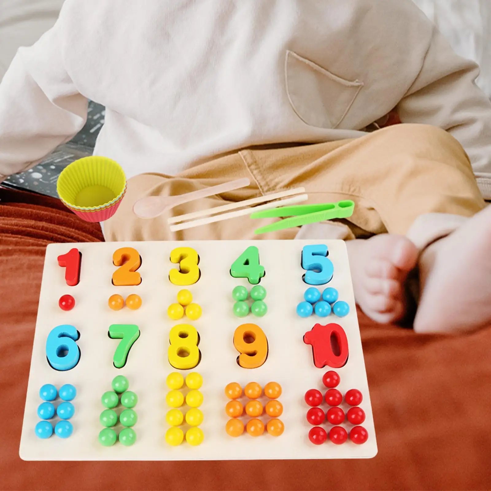 Wooden Board Bead Counting Game Number Puzzle Color Sorting Toys