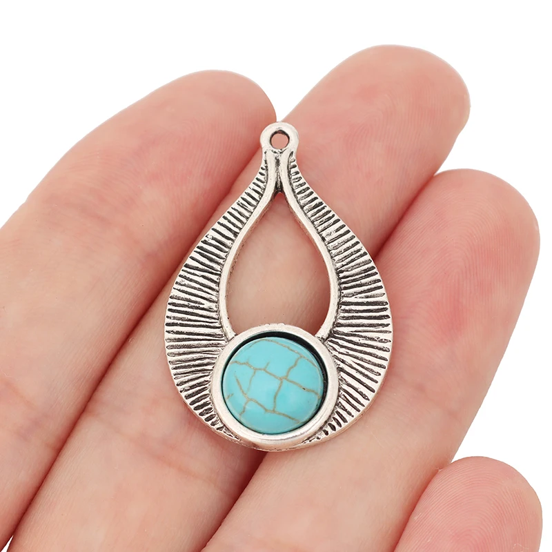 5 x Tibetan Silver Boho Imitation Turquoise Water Drop Charms Pendants for Necklace Earring Jewelry Making Accessories 35x23mm