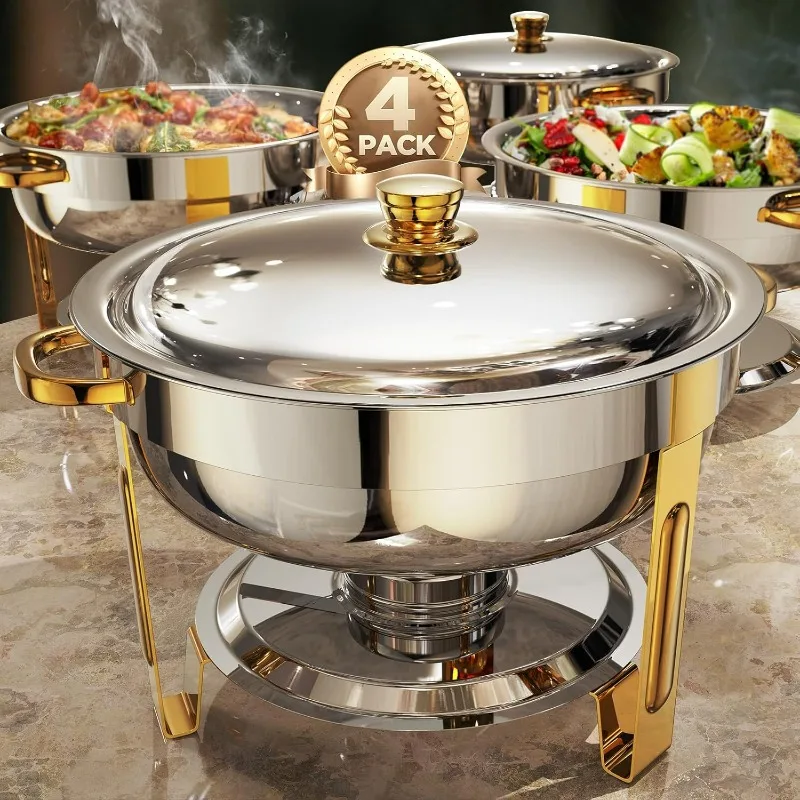 

Chafing Dishes for Buffet 4 Pack, 5QT [Worry-Free Assemble] Round Chafing Dish Buffet Set [Elegant Gold and Silver Colors