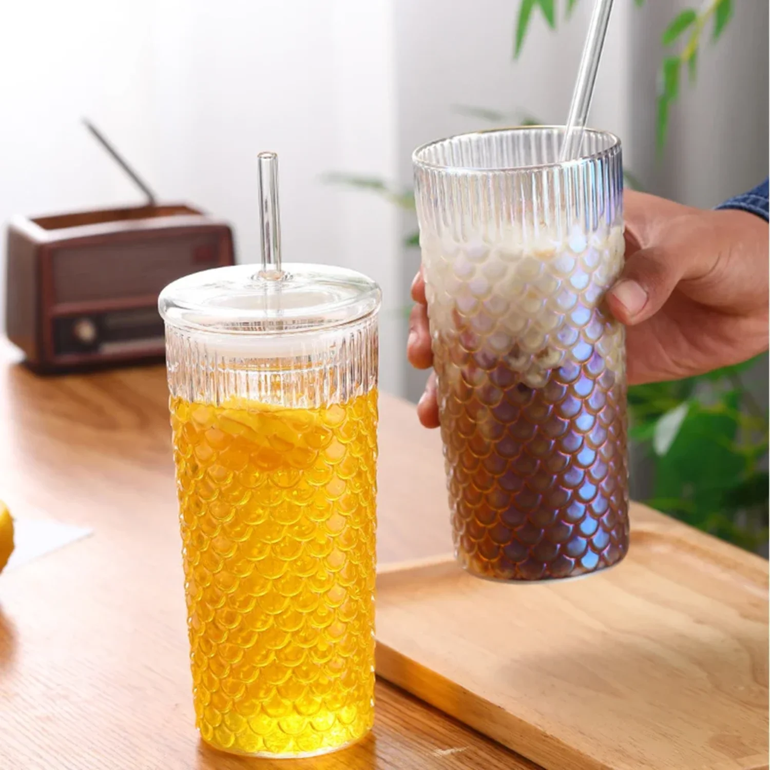 720ml  Corrugated Glass Cup With Lid and Straw Transparent Glasses Mug Iced Coffee Cup  Juice Milk Tea Water Cup Drinkware