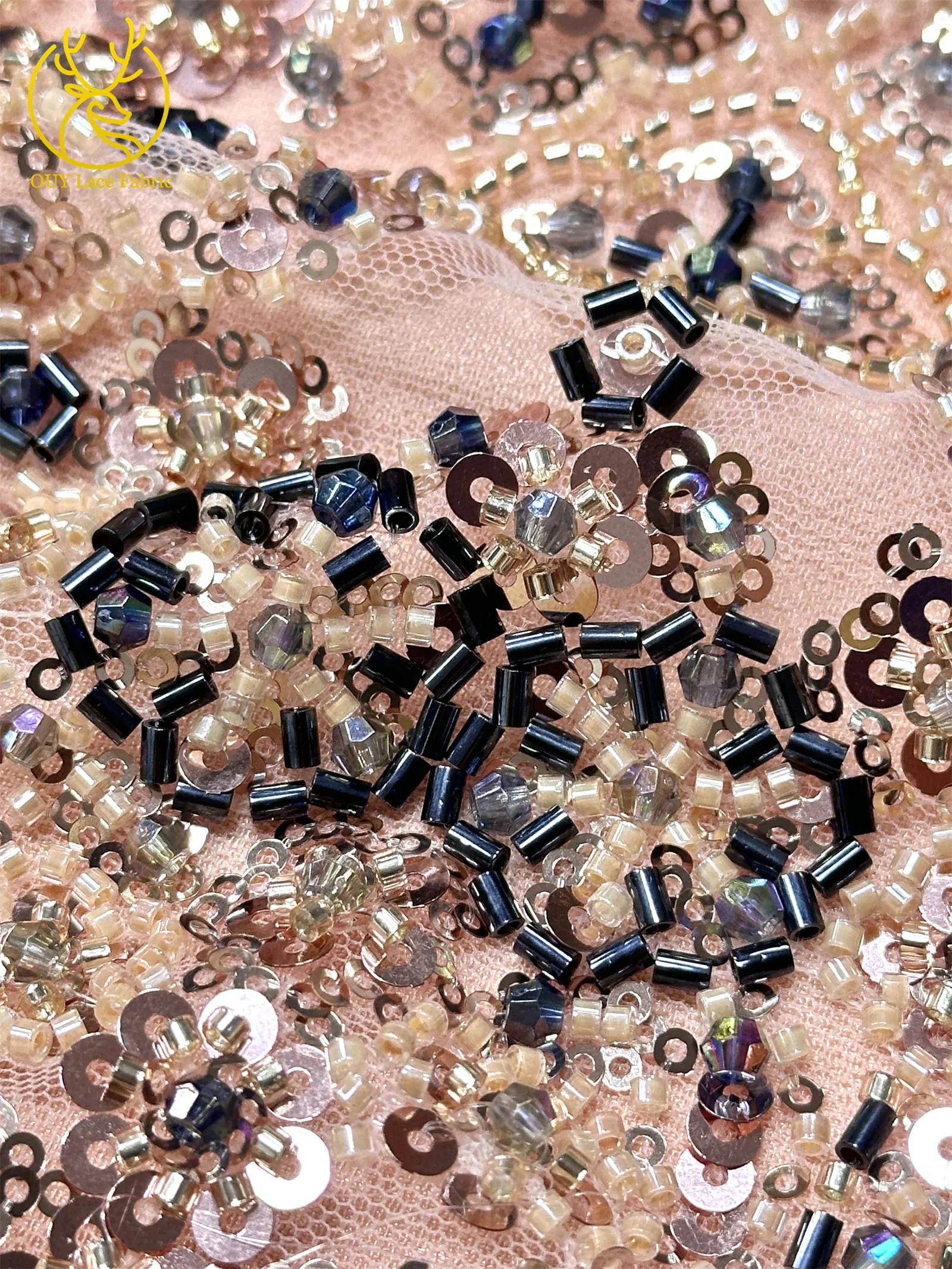 Pfirsichfarbener, hochwertiger, eleganter afrikanischer Brautkleidstoff mit Stickerei und Perlen, 2026 Nigerianische Pailletten-Spitze für Abendkleider und Hochzeitskleider zum Nähen – Detail 9