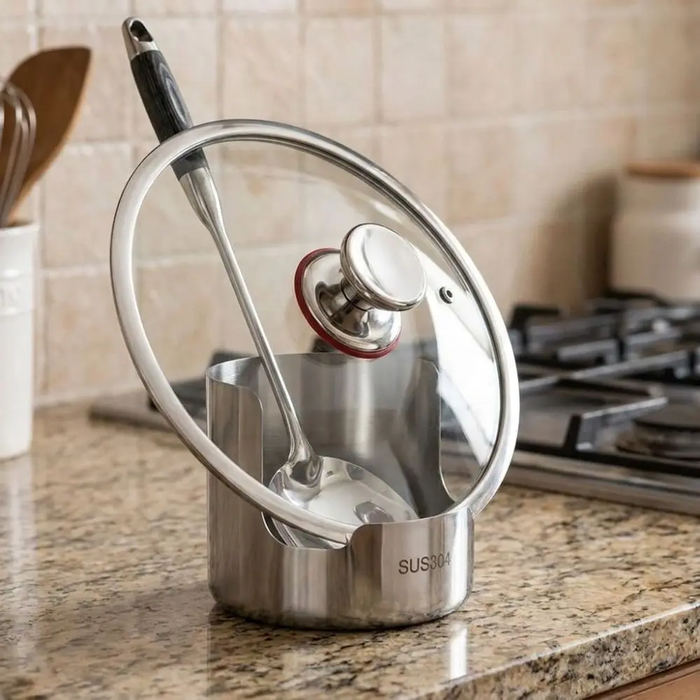 Stainless Steel Pot Lid Storage Rack Stable Heat-Resistant Spatula Holder Vertical Non-Slip Spoon Holder Dinning Table