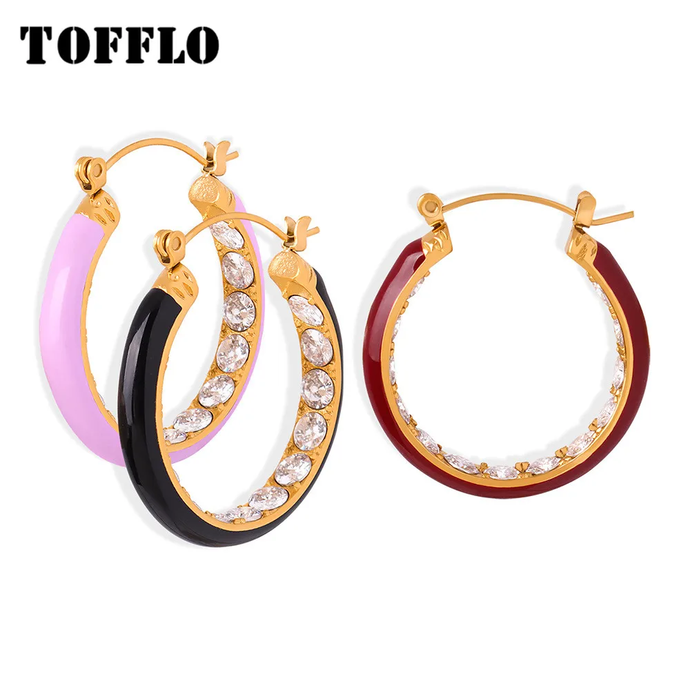 

TOFFLO Stainless Steel Jewelry Colorful Drop Glaze Ring Inlaid With Zircon Fashion Sweet Earrings BSF980