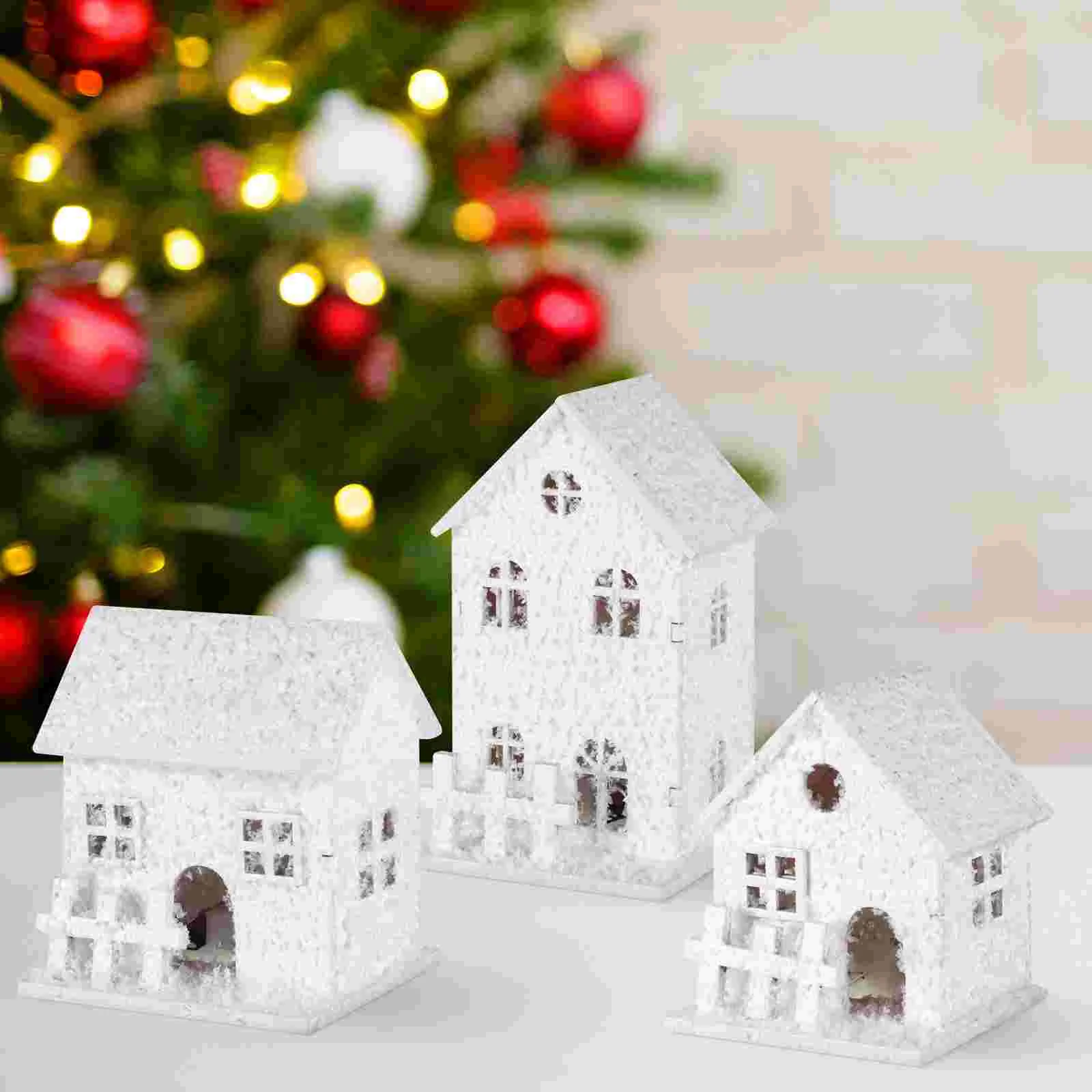 3 Pcs Outdoor Christmas Decorations House Wood Craft Festival Desktop Adornment Glow Ornament Crafts Design Cabin Child
