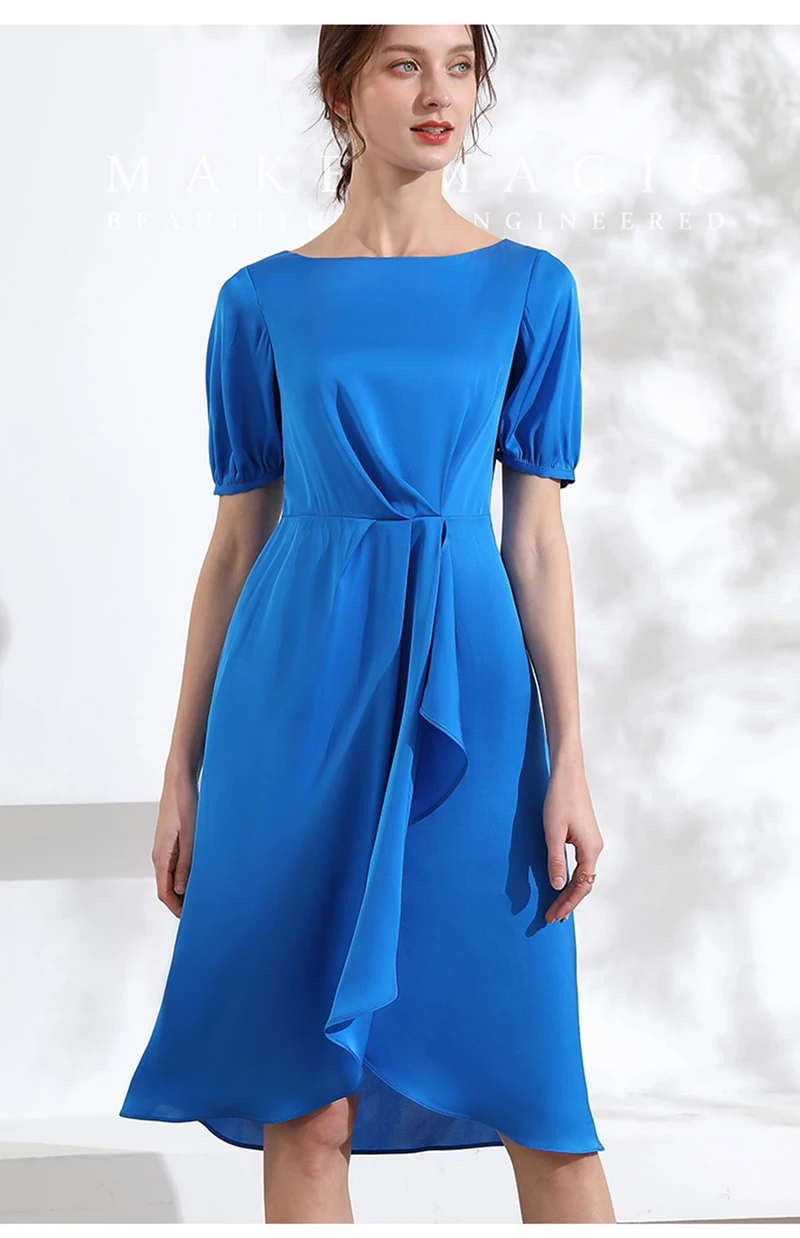 Estilo de verão feminino 100% cetim de seda manga curta vestido feminino saia amoreira seda design irregular roupas de moda high-end