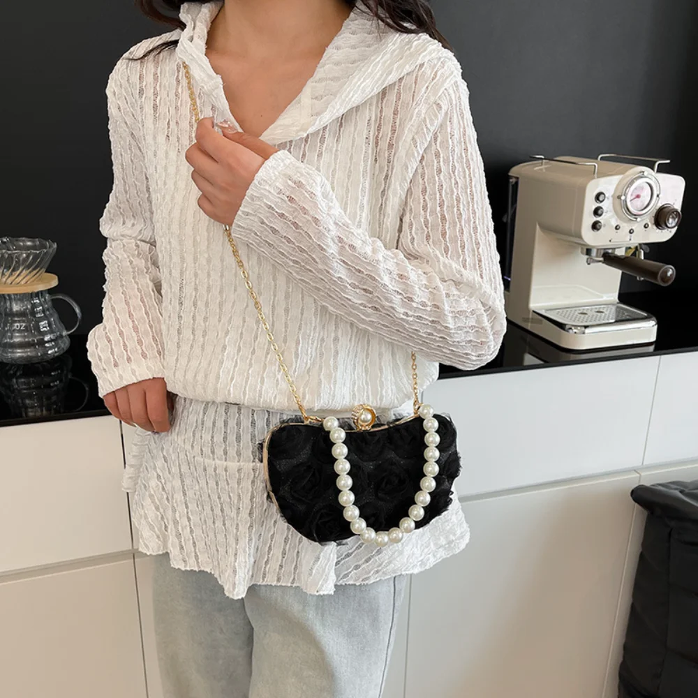 Wedding Evening Clutch Romantic Metal Chain Crossbody Bag Pearl Handle Clutch Elegant Lace Flower Evening Bag For Wedding