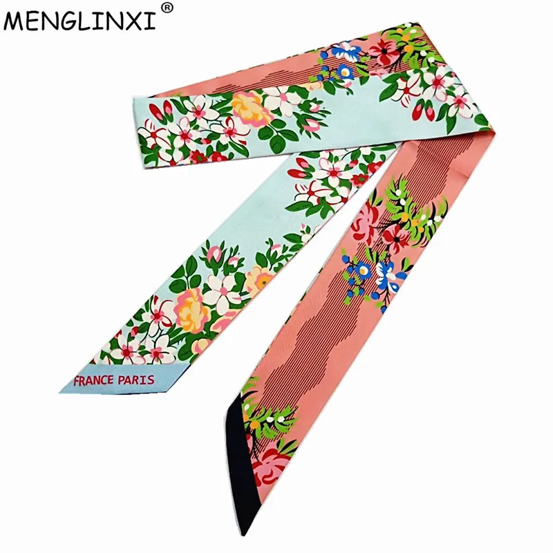 2024 New Scarf For Women Double-sided Flowers Skinny Bag Scarf Brand Silk Foulard Women Tie Fashion Belt Head Scarves For Ladies