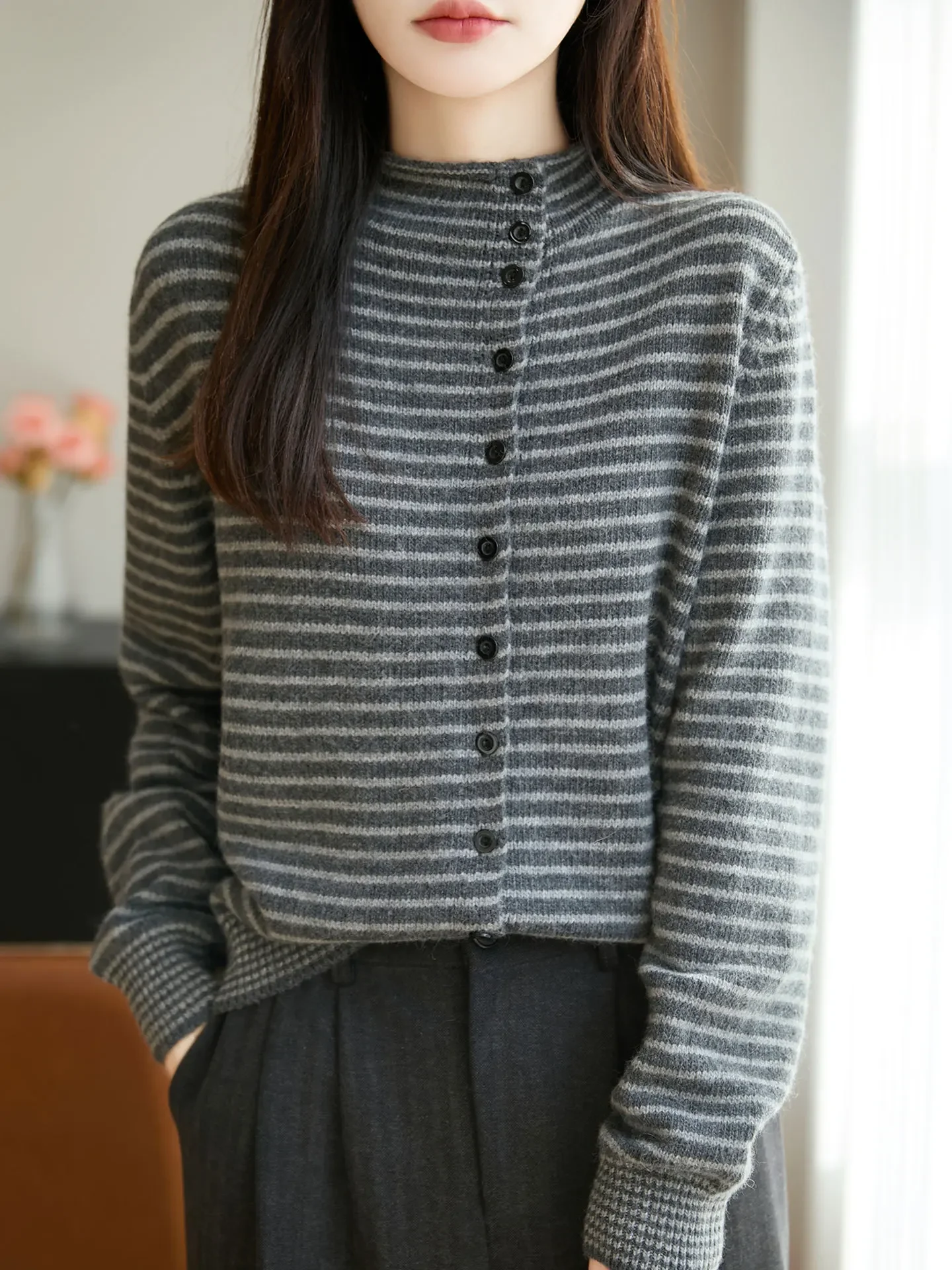 Spring Wool Sweater Outwear Gradient Mock Collar Cardigan Autumn Winter Bottoming Casual Warm Striped Knitting Tops Women