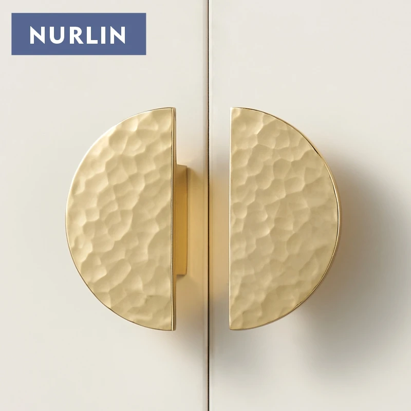 Nurlin Solid Brass Hammer Pattern Cabinet Handle Handmade Knocking Pattern Round Half Round Long T-shaped Door Drawer Knobs