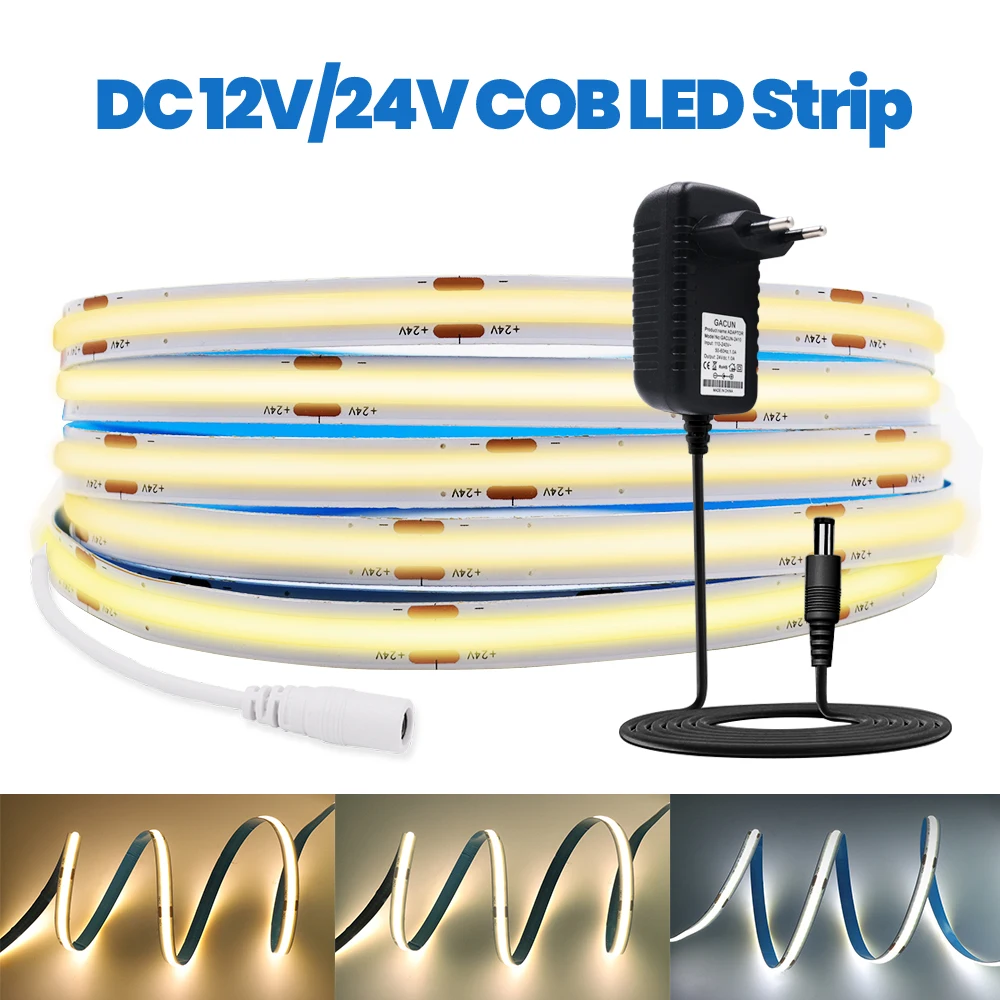 

COB LED Strip Light with 12V Power Supply 320Leds/m 8mm Width High Density Led Tape Light Diode RA 90 Flexible Linear Lighting